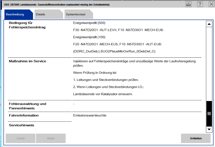 Fehlercode 287500 Lambdasonde: Sauerstoffkonzentration unplausibel niedrig (im Schubbetrieb)