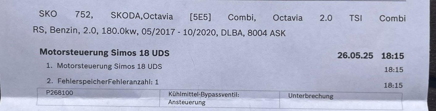 Fehlercode P268100 Kühlmittel-Bypassventil Ansteuerung Unterbrechung
