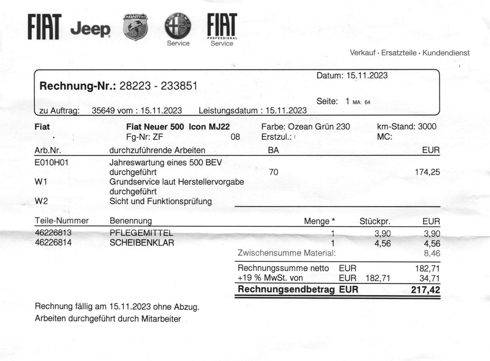 Fiat 500e Wartungskosten