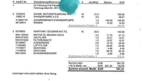 Kostenvorschlag Inspektion Fiat Werkstat