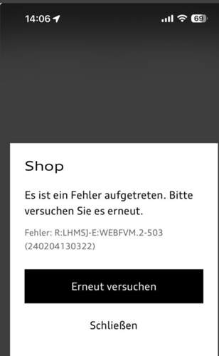 Fehlermeldung Audi App im Shop