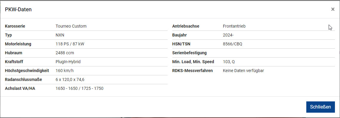 Ford Tourneo / Transit Custom - Rad/Reifenkombinationen