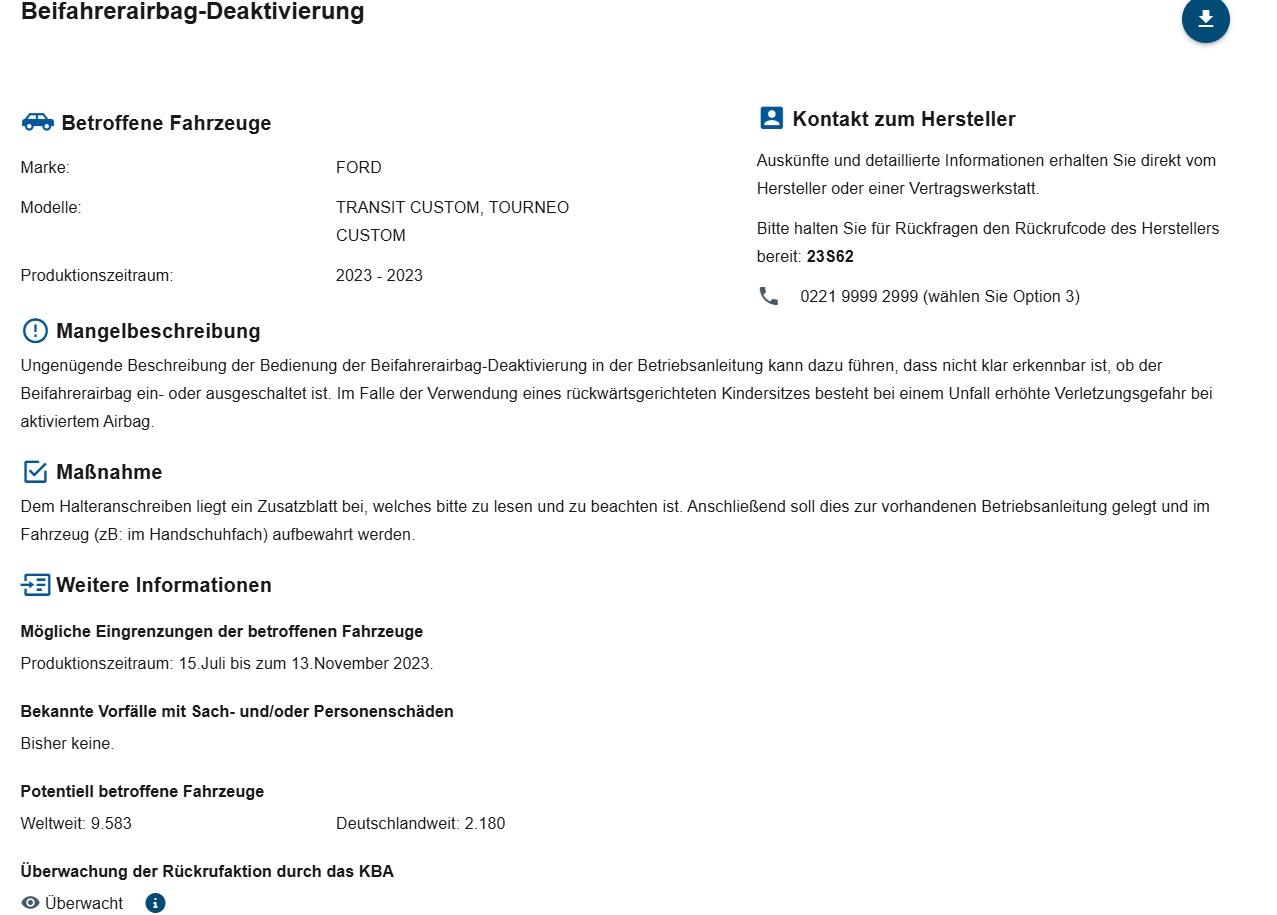 Ford Tourneo / Transit Custom - KBA 23S62 - Beschreibung Deaktivierung Beifahrer Airbag