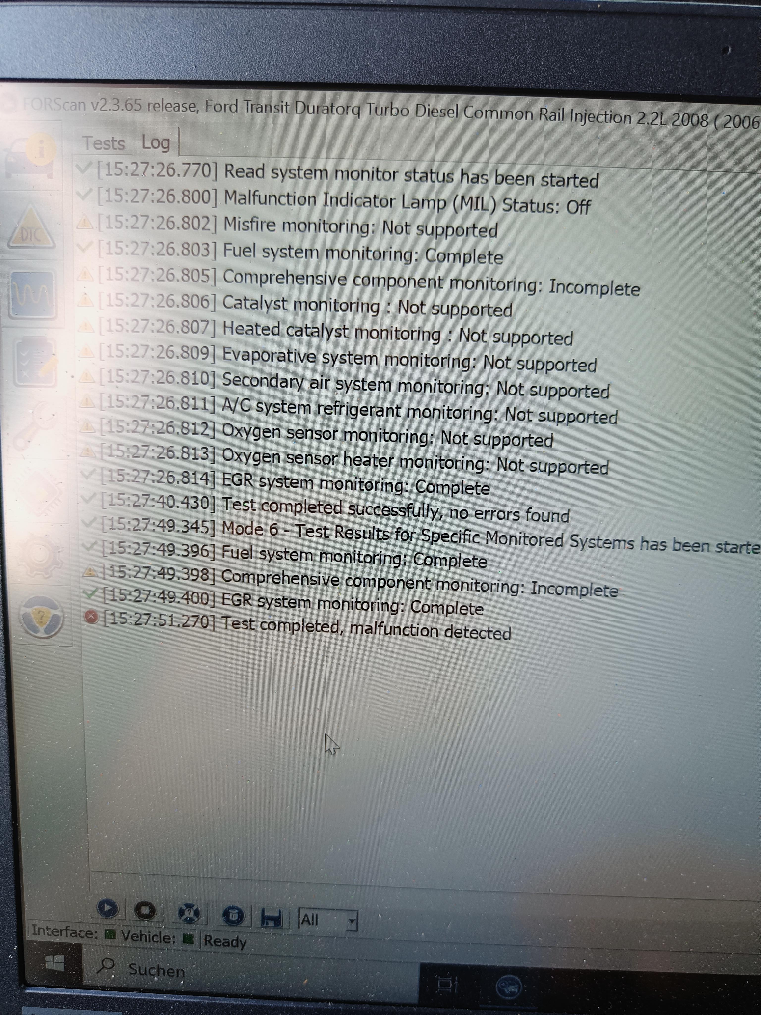 FORScan OBD2 Modus 6 Test Error: Test complete, malfunction detected