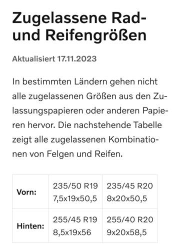 Zugel. Rad- und Reifenbreiten XC40 PE
