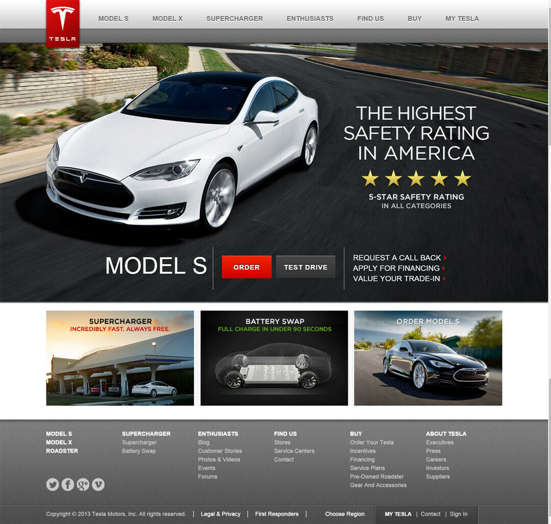 Die Tesla Homepage im Dezember 2013: Hier heißt es, Supercharger seien "always free"