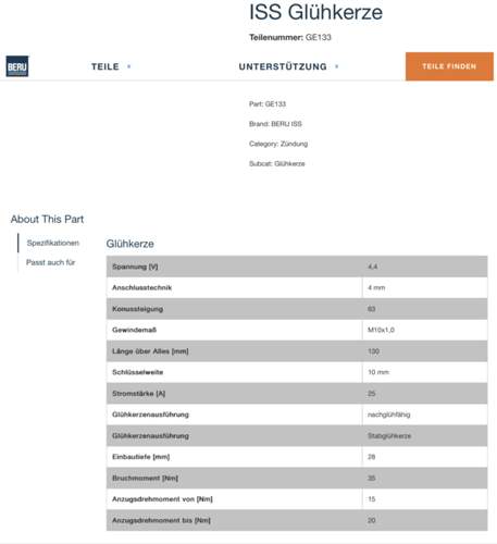 BERU GE133, technische Daten