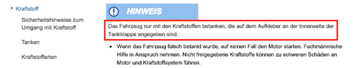 BA-Hinweis zur Kraftstoffsorte