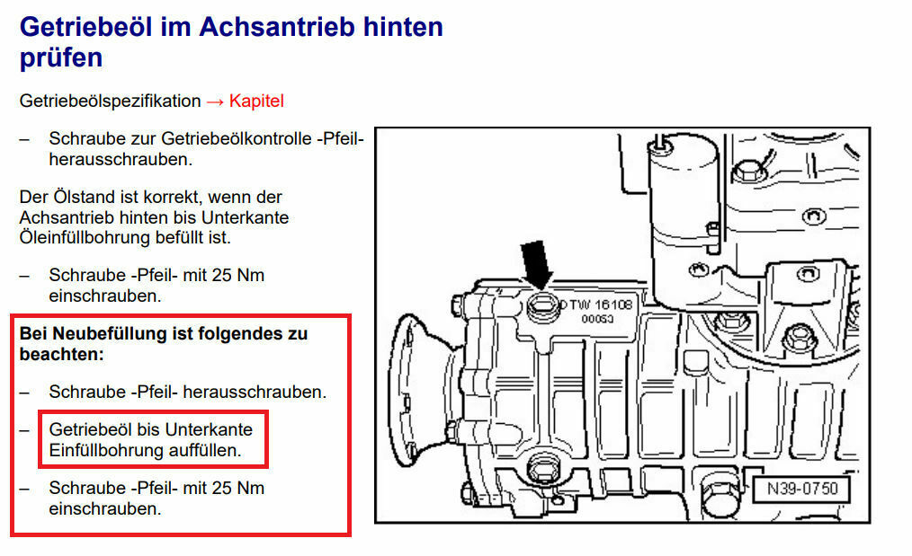 Hinterachsdifferenzial (Quattro): Ölstand prüfen, Öl wechseln