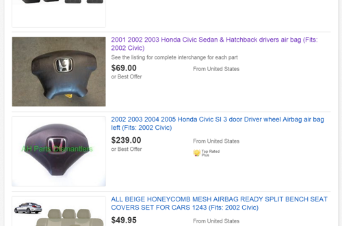 Stichprobe: Auf ebay.com finden wir viele Airbags aus dem gefährdeten Zeitraum