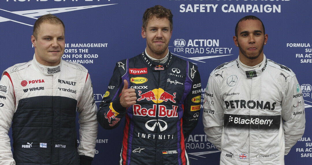 Die Top 3 beim Qualifying: Sebastian Vettel (Pole, Mitte), Lewis Hamilton (Platz 2, rechts) und Valtteri Bottas (Platz 3, links)