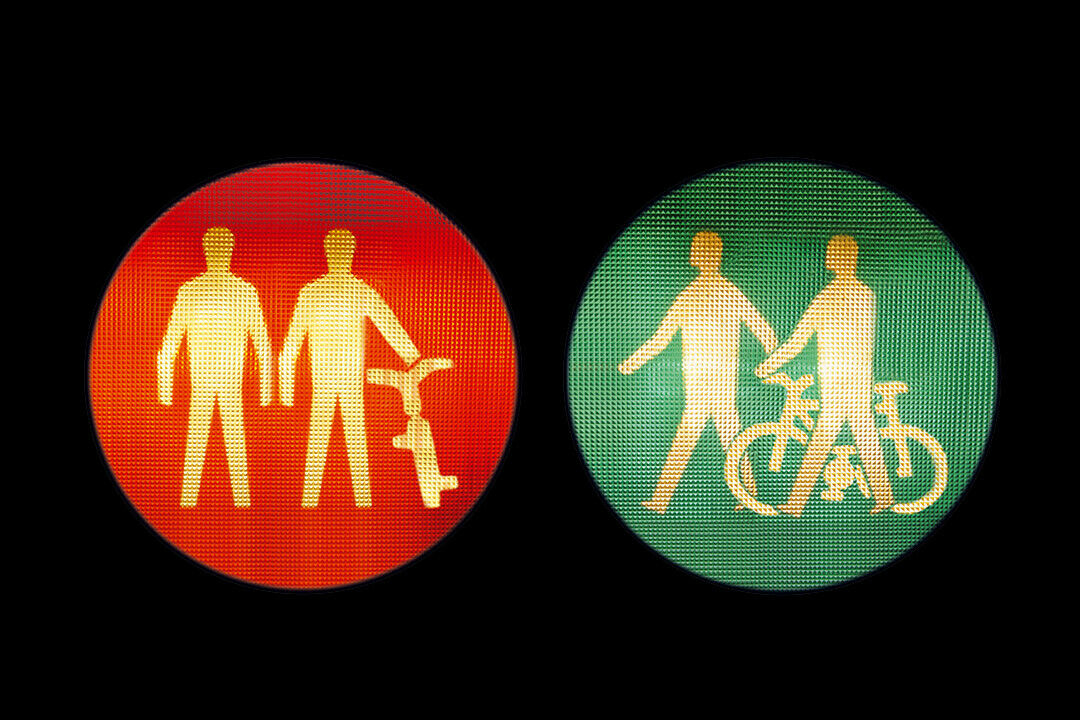Die Ampelmännchen in Österreich haben ein Fahrrad dabei