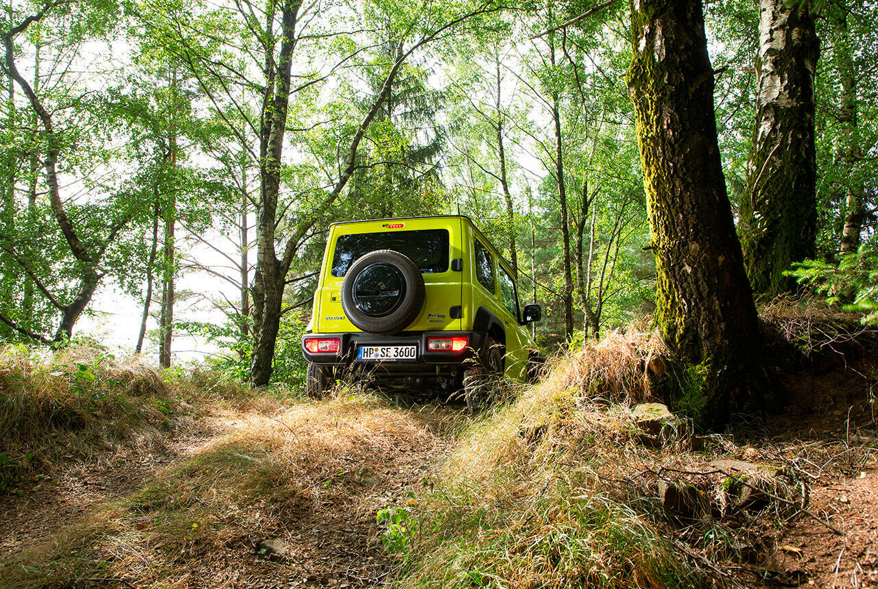 Wir bewegten den Jimny im Wald, echte Herausforderungen fanden wir nicht für ihn