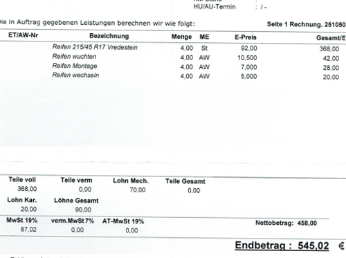 Rechnung-autoreifen