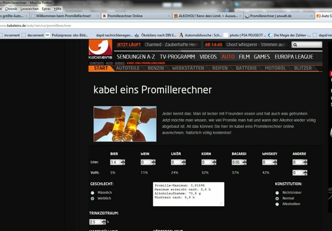 Der Kabel Eins-Rechner unterscheidet zwar zwischen Whiskey und Bacardi, nicht aber zwischen jung und alt.