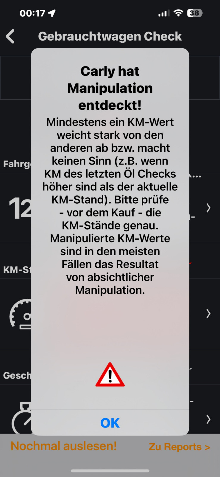 Km Manipulation entdeckt durch Carly App