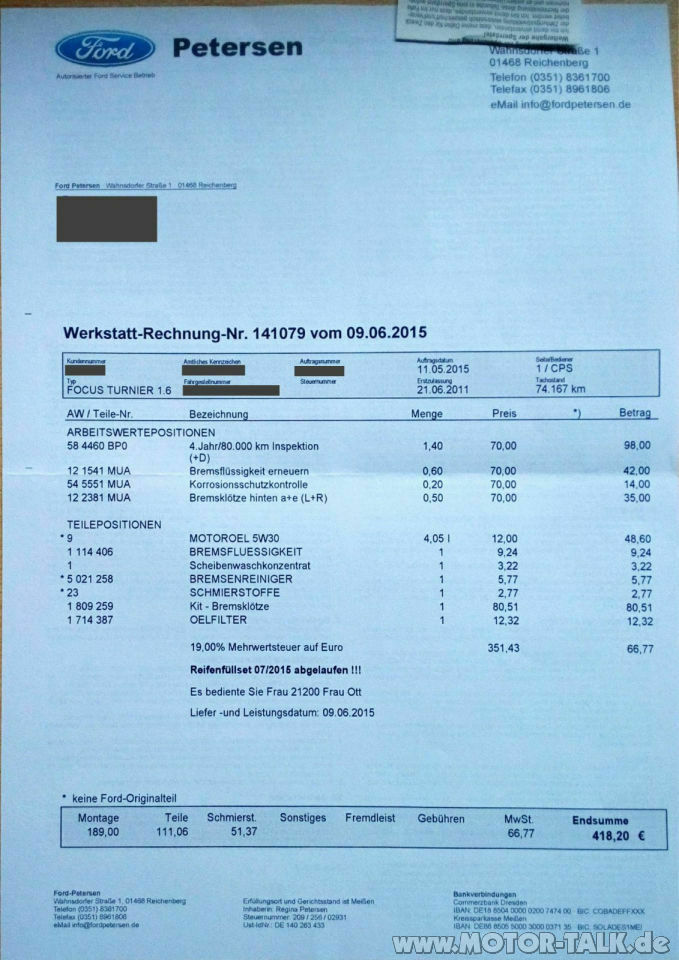Kosten der Inspektion am Focus Mk3