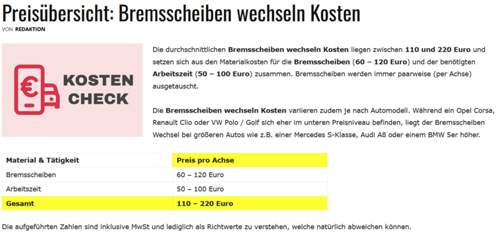 Kosten für den Wechsel der Bremsscheiben