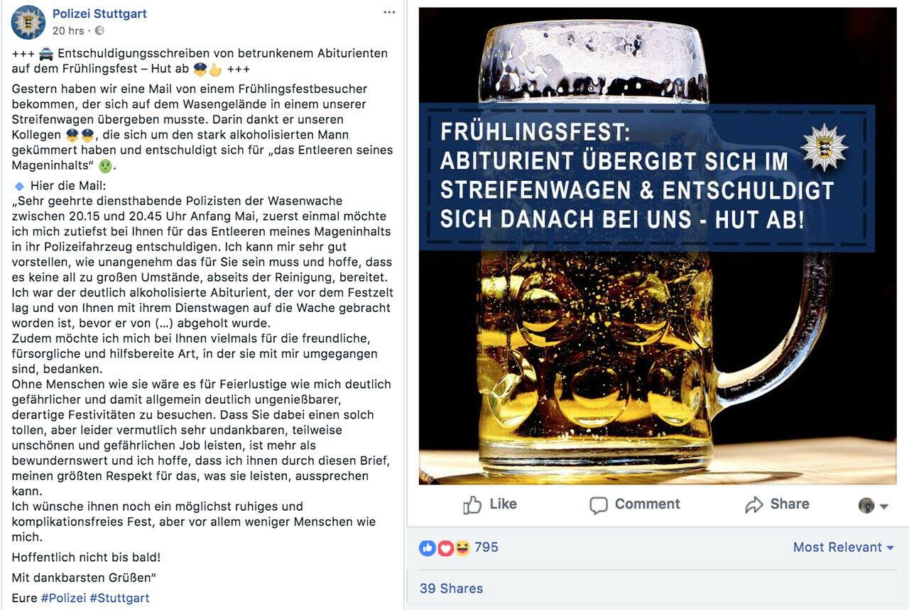 Mit diesem Brief bedankte sich ein Abiturient bei der Polizei Stuttgart für die nicht ganz freiwillige Heimfahrt
