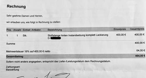 Rechnung 468€ inkl. Mehrwertsteuer