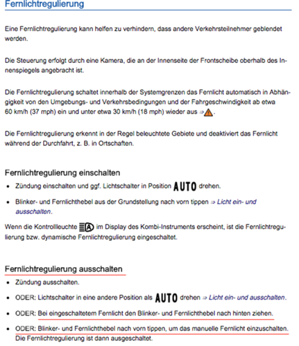 Fernlichtautomatik ausschalten