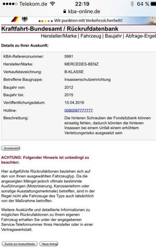 KBA-Auskunft zum Rückruf B-Klasse