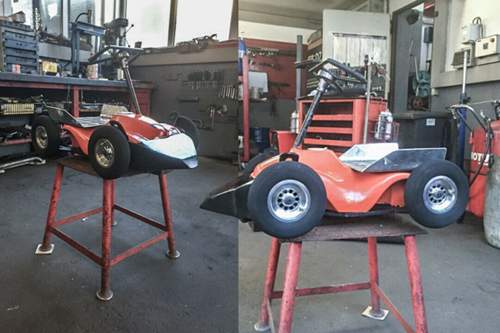 Aufgebocktes Bobby Car: Die frisierten Rutschautos haben nur noch entfernt Ähnlichkeit mit dem Original