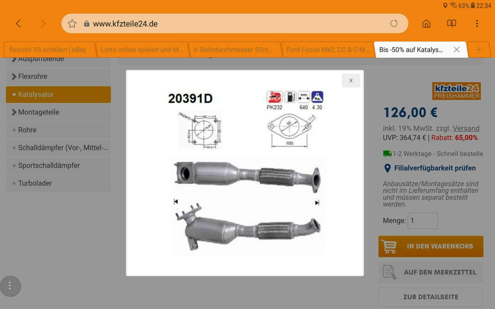 Flexrohr Reparaturrohr Kat Flansch Für Focus DA_ Kombi Stufenheck C-Max