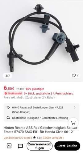 Honda Civic 10 ABS Sensor / Radsensor