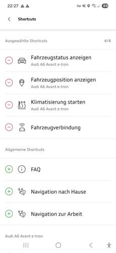MyAudi App - Einstellungen - Shortcuts