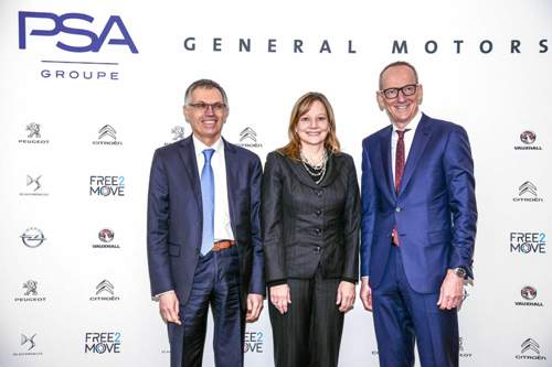 Hatten offenbar eine harte Nacht, aber nun auch Klarheit: PSA-Chef Tavares, GM-Chefin Mary Barra, Opel-Chef Karl-Thomas Neumann