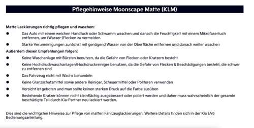 Pflegehinweis von Kia