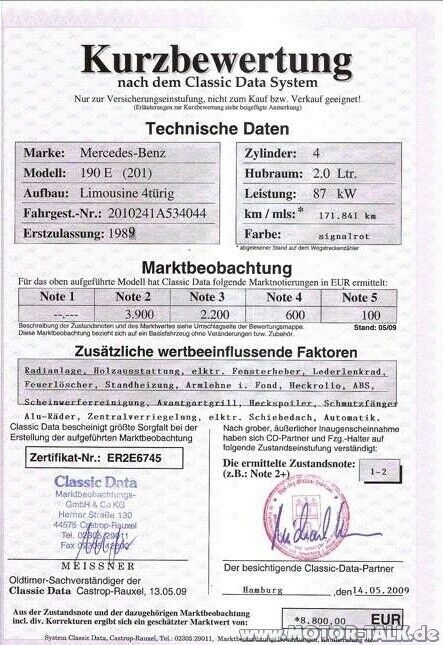 Neues Wertgutachten für meinen 190E 2,0l