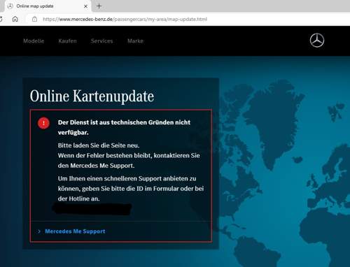 Fehlermeldung Online Kartenupdate