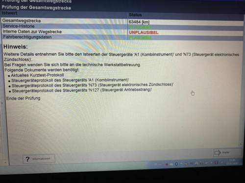 Testroutinen in Xentry zeigt Unstimmigkeiten an.