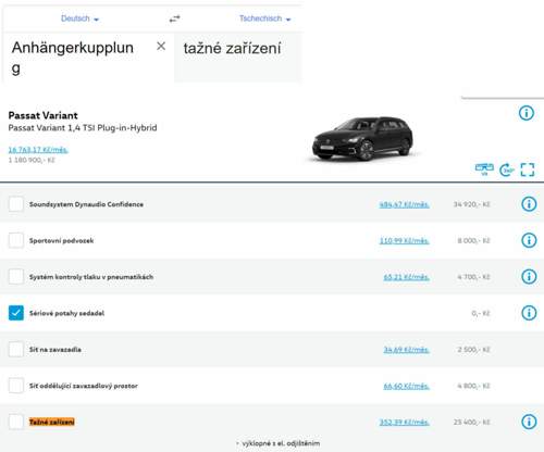 Passat GTE AHK im CZ Konfigurator
