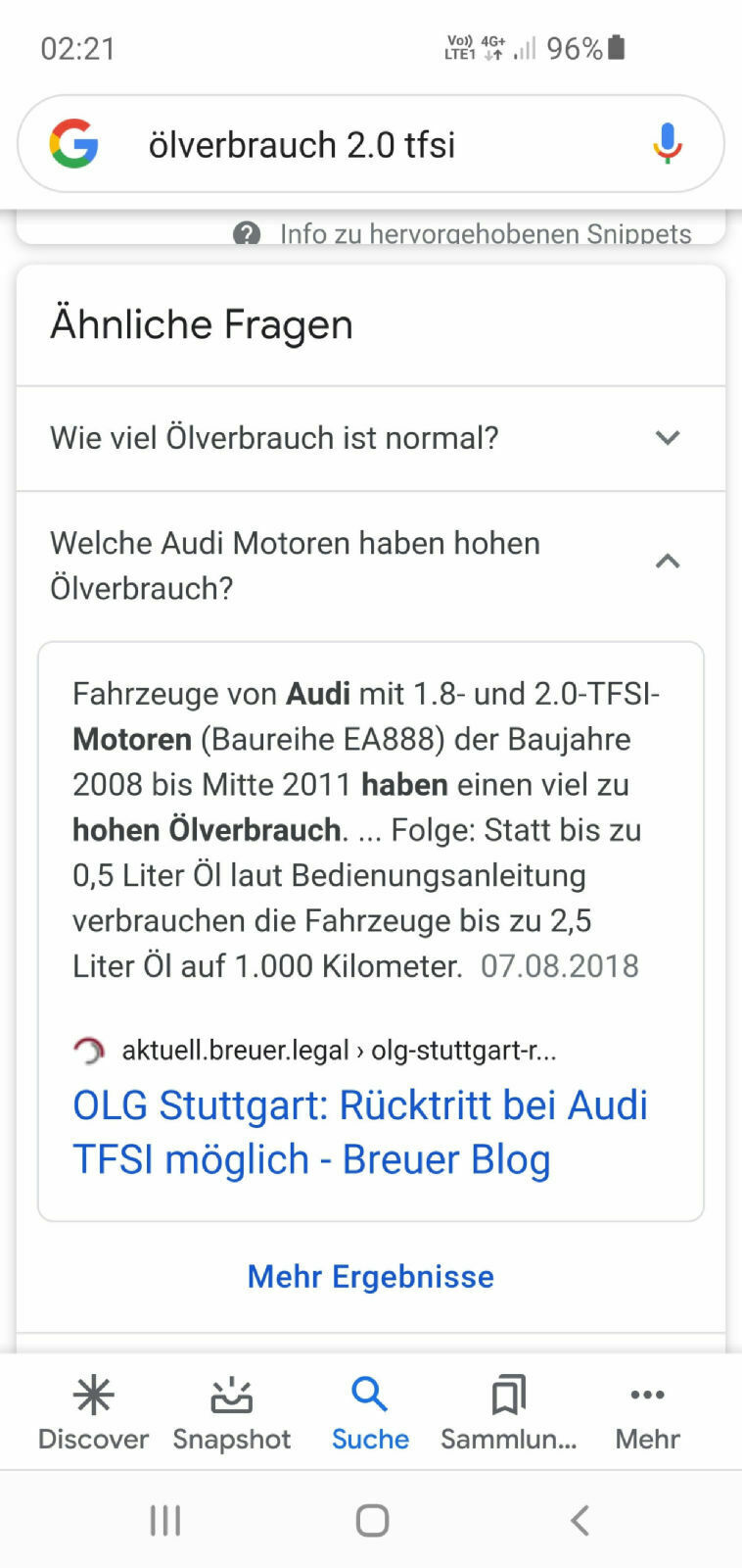 Ölverbrauch A5, 1.8 und 2.0 TFSI