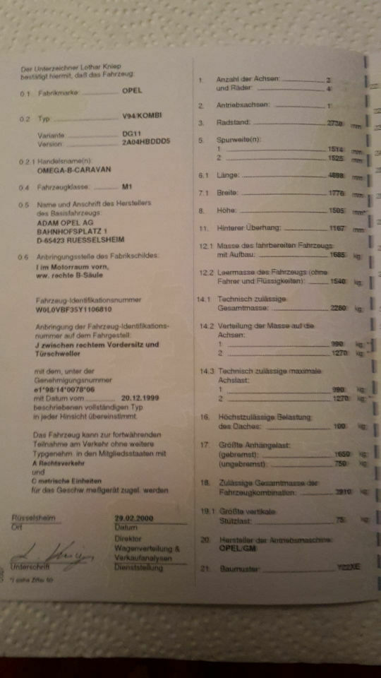 Omega B - Z22XE - Suche DRINGEND Kopie Fahrzeugbrief/-schein