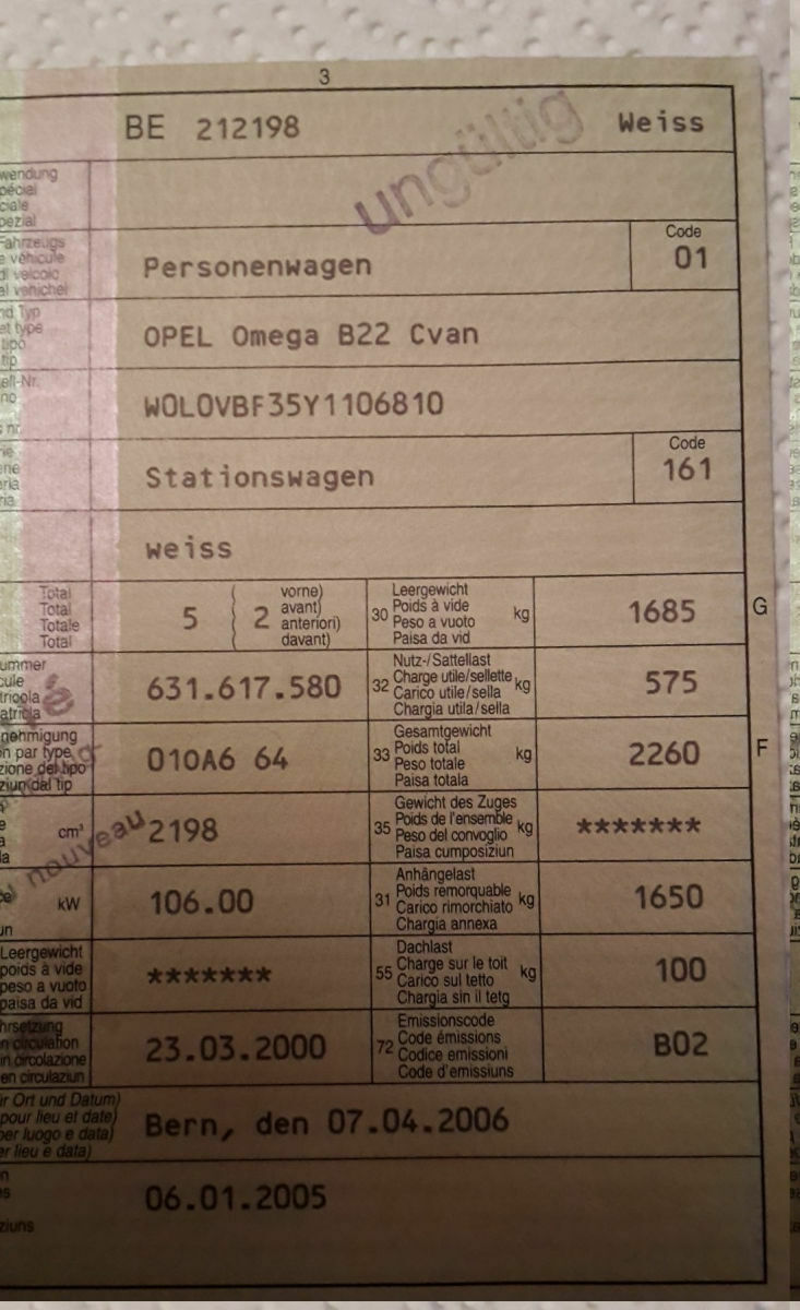 Omega B - Z22XE - Suche DRINGEND Kopie Fahrzeugbrief/-schein