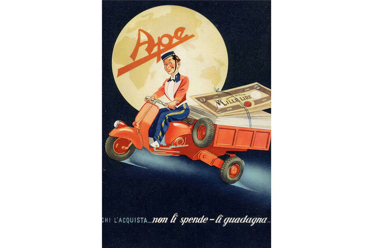 Ein Werbeplakat für die Piaggio Ape von 1948, dem Jahr des Marktstartes