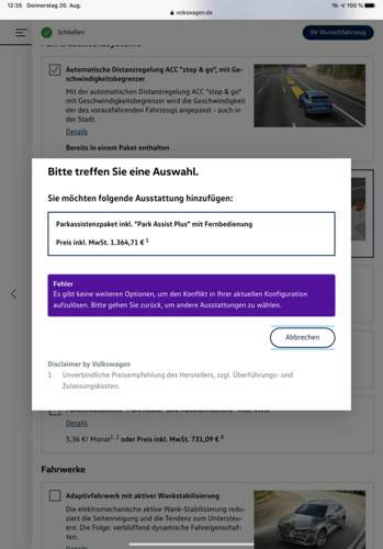 Meldung bei Konfiguration
