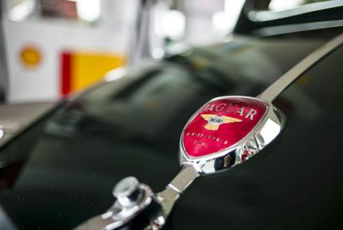 Das Emblem am Heck des Jaguar XK 140 verkündet die Erfolge des Vorgängers: Le Mans-Winner 1951 und 1953