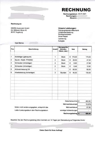 Rechnung Austausch Achsträger