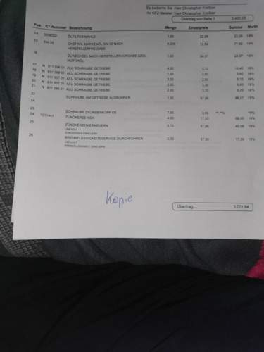 Rechnung A5 V6 Steuerkette + Nockenwelle