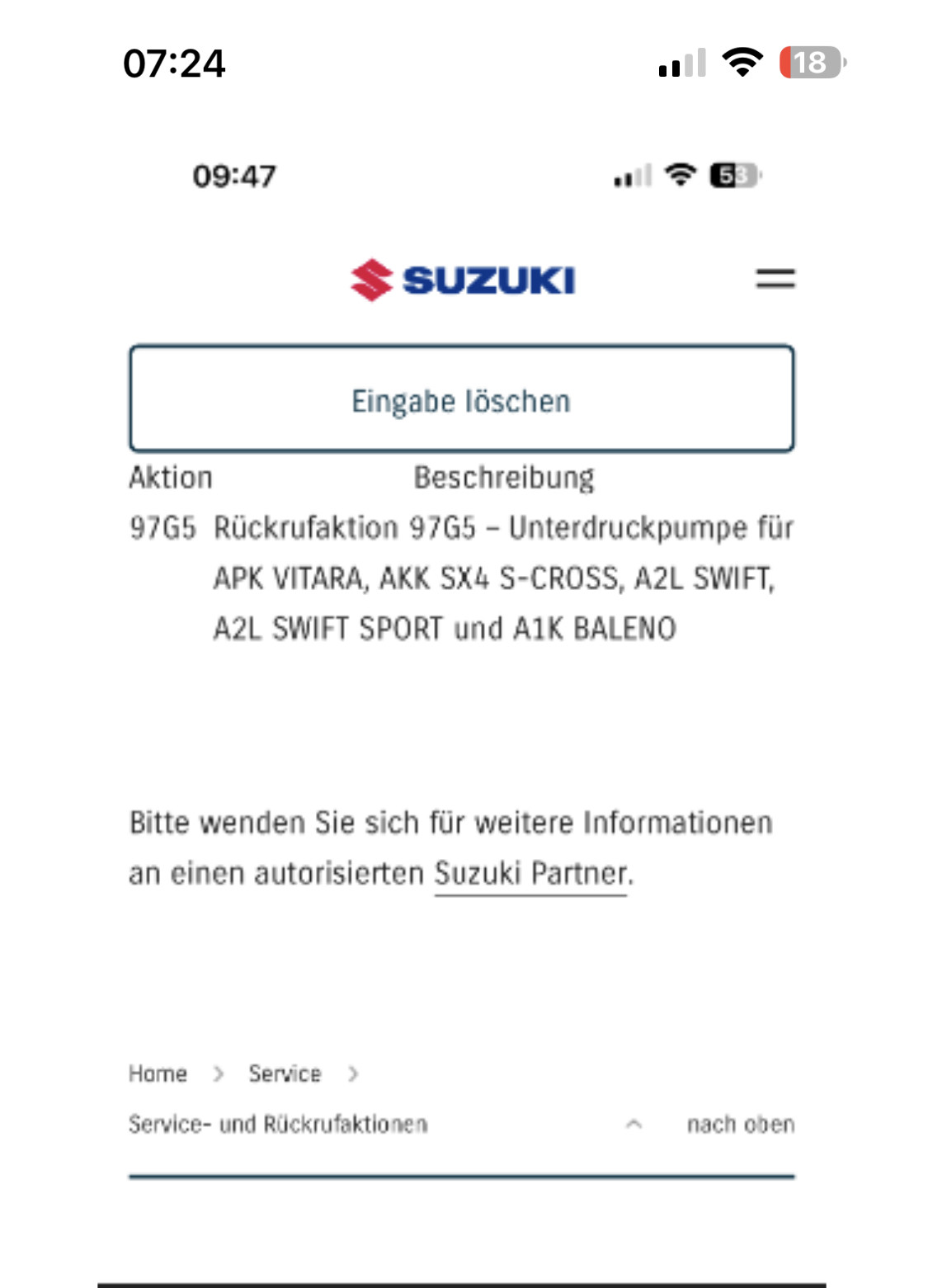Rückrufaktion Suzuki Pkw