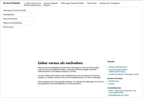 VW-Hompage Feldmaßnahmen