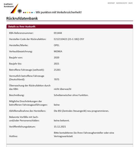 Rückruf Mokka Scheibenwischer