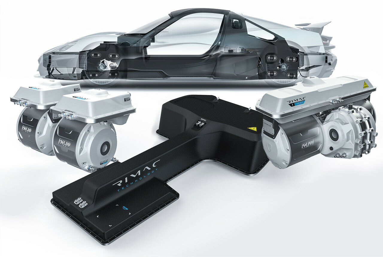 Im Monocoque des Rimac Concept 2 sind Frontmotoreinheit (links), Akkupaket (Mitte) und Heckmotoreinheit (rechts) integriert