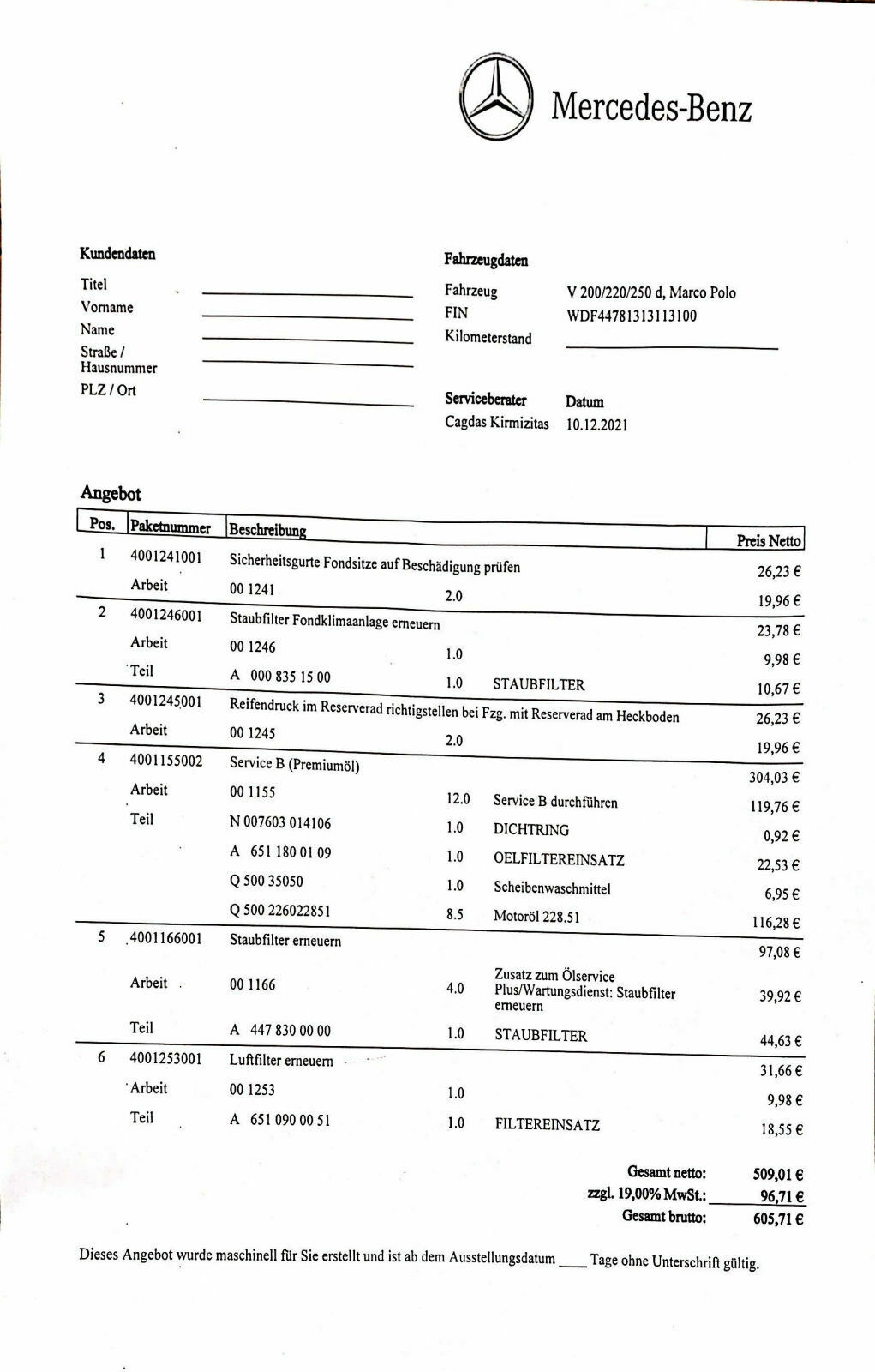Service B bei V Klasse