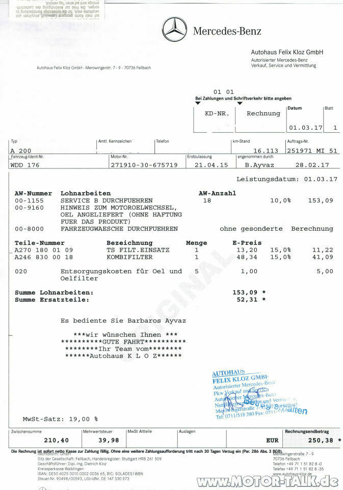 Servicekosten für "A" und "B" Services, Näherungswerte auf Basis der Userbeiträge (inkl. Öl Info's)
